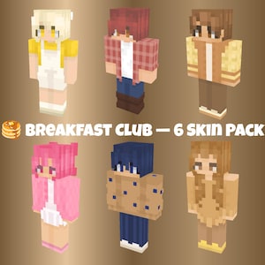 Op de afbeelding: Een digitale collectie van zes blokkerige personage-skins getiteld BREAKFAST CLUB - 6 SKIN PACK. De personages hebben verschillende haarkleuren zoals blond, rood, bruin, roze en blauw, gecombineerd met outfits in geel, wit, ruitpatroon en beige.