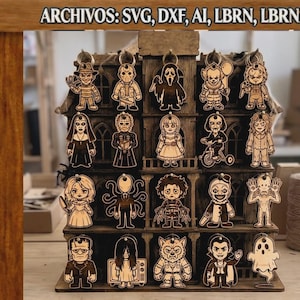 May include: A wooden display stand featuring twenty laser-cut horror character ornaments. The text ARCHIVOS: SVG, DXF, AI, LBRN, LBRN2, PDF is visible at the top. The ornaments depict various figures including a ghost, vampire, and werewolf.