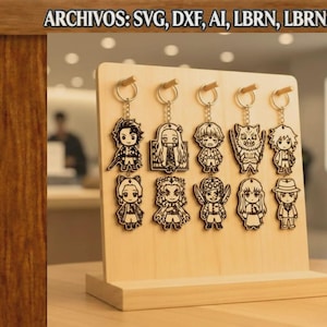 May include: A light-colored wooden display stand holding ten laser-cut wooden keychains featuring various anime-style character designs. The text ARCHIVOS: SVG, DXF, AI, LBRN, LBRN2, PDF is visible at the top. The brand name URBAN TITANS is at the bottom left.