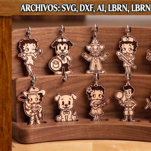 Puede incluir: Una colección de diez adornos de madera cortados con láser exhibidos en un soporte de madera curvo de dos niveles. Los personajes incluyen varias figuras de dibujos animados, animales y personas. El texto superior dice: ARCHIVOS: SVG, DXF, AI, LBRN, LBRN2, PDF.