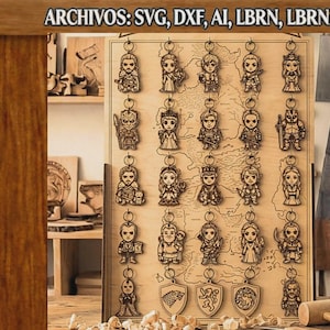 May include: A light-coloured wooden display board featuring twenty laser-cut character keychains and three shield-shaped ornaments arranged in a grid. The board is engraved with a map design and the text ARCHIVOS: SVG, DXF, AI, LBRN, LBRN2, PDF.