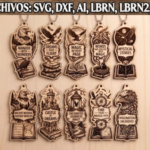 May include: A selection of wooden pendants with engraved designs and text. Each pendant features imagery such as eagles, books, castles, and compasses, along with phrases like "Wander with Wonders" and "Castle of Dreams". The pendants are connected to metal chains.
