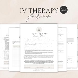 Może przedstawiać: Zestaw formularzy terapii dożylnej, w tym formularz zgody, na jasnobeżowym tle. Formularze mają minimalistyczny design z neutralną paletą kolorów i zawierają tekst "IV Therapy Forms" i "Your Logo".