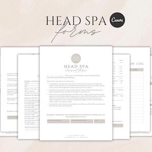 May include: A set of printable Head Spa forms, including consent forms and treatment logs. The forms have a minimalist design with a neutral colour palette, featuring headings and fillable fields for client information and treatment details.