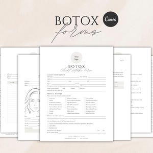 May include: A set of white Botox forms with black text, including a client intake form and aftercare instructions. The forms have a minimalist design with a line drawing of a face and the word "Botox" at the top.