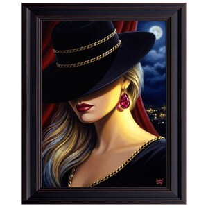 May include: A framed painting of a woman wearing a black hat with gold chain detail and a matching black dress. She has long blonde hair, red lipstick, and a large red gemstone earring. The background features a night sky with a moon and city lights.