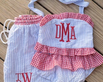 Traje de baño Monogram para el 4 de julio / Traje de baño patriótico rojo, blanco y azul para niños (6 M–8)