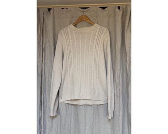 Maglione vintage Aran a trecce, prodotto negli Stati Uniti, in cotone color crema, stile pescatore, taglia L/XL