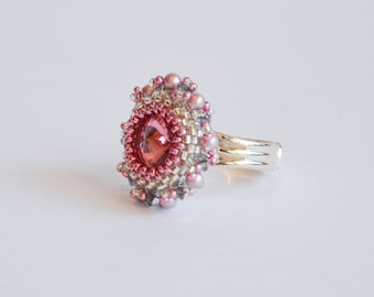Delicate pink silver Swarovski crystal adjustable ring, costume ring, Swarovski ring, adjustable ring, silver ring