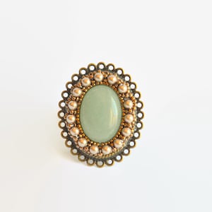 Bronze aquamarine and Swarovski pearl vintage style adjustable oval ring