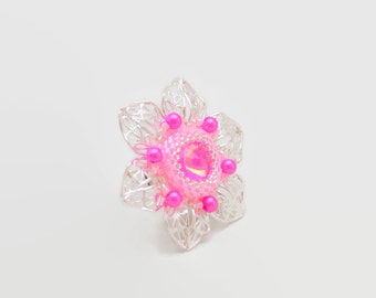 Baby pink silver delicate filigree Swarovski crystal adjustable ring