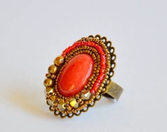 Red bronze oval beaded adjustable ring, beaded ring, handmade ring, crystal ring, vintage style ring