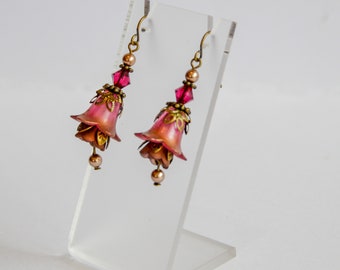 Deep pink hand dyed bronze gold Swarovski crystal and pearl lucite vintage style flower earrings, costume earrings, Swarovksi earrings