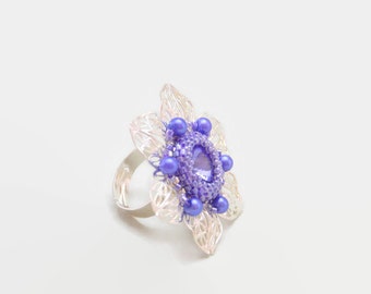 Tanzanite purple silver delicate filigree Swarovski crystal beaded adjustable flower ring