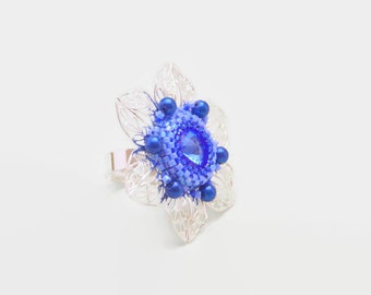 Royal blue silver delicate filigree Swarovski crystal adjustable beaded flower ring