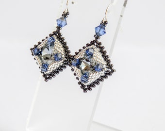 Blue silver diamond Swarovski crystal hand beaded earrings, beaded earrings, Swarovski earrings