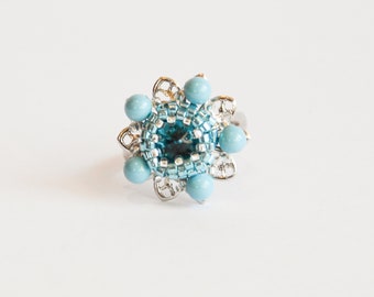 Silver turquoise teal Swarovski delicate adjustable flower ring, Swarovski ring, silver ring, adjustable ring, vintage style ring