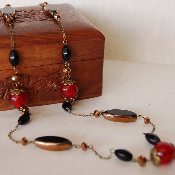 Red, black and bronze long Victorian style necklace