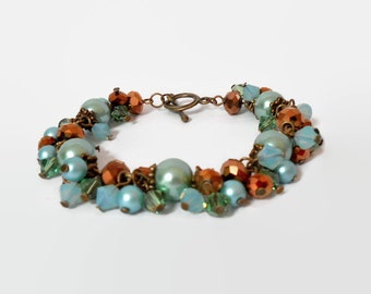 Bronze and green Swarovski crystal dangle chunky bracelet