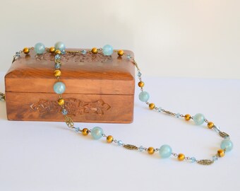 Aqua bronze long necklace, handmade necklace, vintage style necklace, bronze necklace, Swarovski necklace
