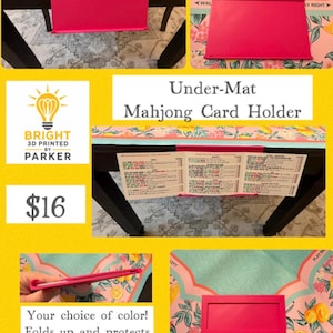 May include: A bright pink Mahjong card holder designed to hang over the edge of a table. The rectangular plastic accessory features a folding mechanism to protect game cards from bending and includes a slot to display the Mahjong score card.