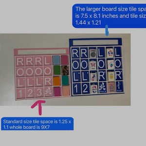 May include: Two tile-based game boards, one pink and one blue, with letter and number tiles. The pink board has a standard tile space of 1.25 x 1.1 inches, and the whole board is 9 x 7 inches. The blue board has a larger tile space of 1.44 x 1.21 inches.