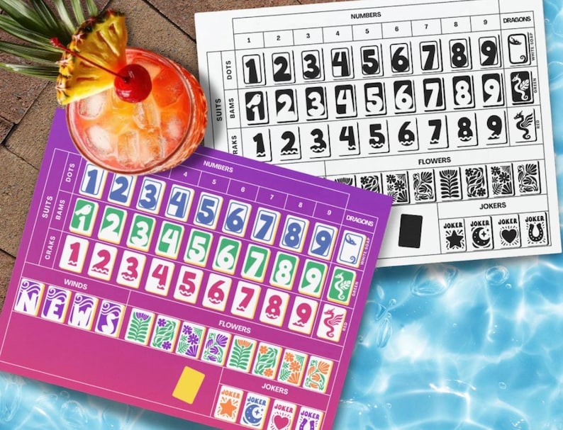 May include: A vibrant image featuring two game boards with numbered tiles and decorative elements. One board is purple and pink, the other is white and black. A cocktail with a pineapple garnish sits nearby, suggesting a leisure theme.