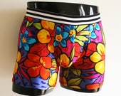 Tropical Summer Floral Party Swimwear, Bathing Trunks, Soft Lycra. Foam or Pool Party. Extra room in pouch. Made for comfort and looks