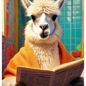 Llama Reading in Style – Quirky Bathroom Wall Art Print, Whimsical wall art, Humorous llama gift, Fun animal bathroom wall decor, wall print
