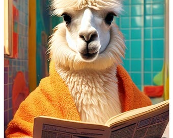 Lama lezen in stijl – eigenzinnige badkamer muurkunst print, grillige muurkunst, humoristisch lama cadeau, leuke dieren badkamer wanddecoratie, muurafdruk