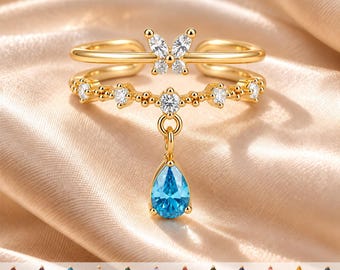 Custom Birthstone Ring, Personalized Family Birthstone Ring for New Mom, Adjustable Teardrop Gemstone Ring, Dainty 14k Gold Stacking Ring