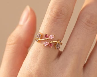 Dainty Branch Flower Open Band Ring, Gold Open Ring with Pink Marquise Cut and Purple Round Cut CZ, Gold Flower Ring, Gift for Her
