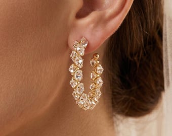 Gold Crystal Hoop Earrings • Statement CZ Gemstone Hoops • Bridal & Bridesmaid Jewelry •  Elegant Jewelry for Party Evening Wear