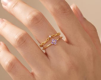14K Purple CZ Double Band Open Ring, Gold Twisted CZ Stack Ring, Dainty February Birthstone Adjustable Statement Ring for Women