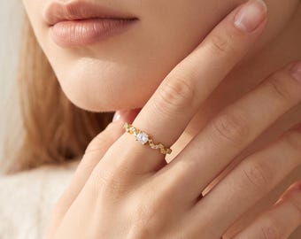Elegant 14K Gold CZ Open Ring, Round CZ with Side CZs, Minimalist Open Ring, Dainty Stackable Promise Ring, Romantic Wave Ring for Women