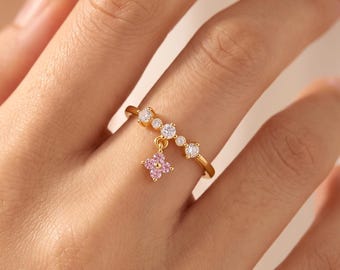 Gold Dangle Ring, Delicate Purple CZ Drop Open Cuff Ring, Gold Micro Pave Jewelry, Unique Purple Dangling Charm Ring, Trendy Ring for Women