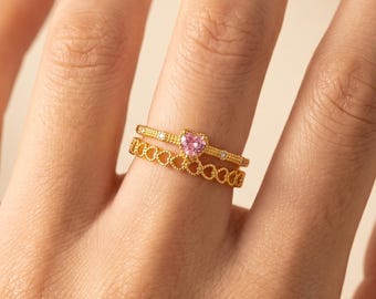 14K Gold Pink Heart CZ Double Band Open Ring, Dainty  Stack Layered Ring, Romantic Heart  Adjustable Statement Ring for Women