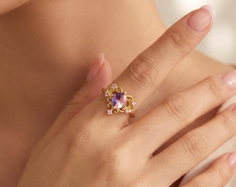 Vintage Toi Et Moi Gold Open Ring, Two-Color Purple Pink Round CZ Adjustable Band, Birthstone Ring for Best Friend, Gift for Her