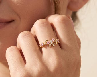 Pink CZ Bow Open Cuff Ring, Gold Ribbon Two-color  Band Ring, Bow Style Ring, Cute Romantic Stacking Open Ring