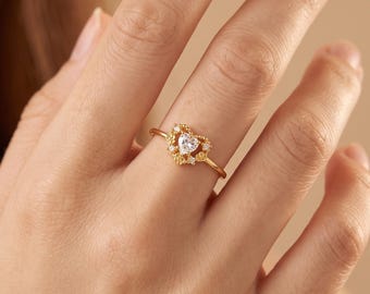 Minimalist Gold Heart Open Cuff Ring, Heart Promise Ring, Large Clear Heart CZ Ring, Delicate Adjustable Stack Ring Gift for Her