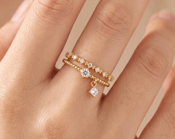 Dainty Gold Double Band Gold, CZ Stacking Adjustable Ring, Princess Cut CZ Dangling Charm Ring, Open Wedding Ring Gift for Her