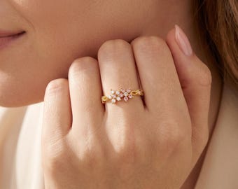 14K/18K Gold White&Pink CZ Flower Open Band Ring, Delicate Adjustable Band, Whimsical Nature Stacking Cuff Ring, Unique Flower Ring