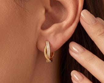 Waterproof Gold Twisted  Hoop Earrings, Double Hoop Earring, Elegant Sparkle Hoop Earrings, Stacking Hoop, Bestfriend Gift for Her