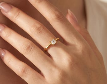 Minimal 14K Gold CZ Bamboo Ring, Single Princess Cut CZ Adjustable Open Band, Simple Open Wedding Ring, Everyday Gold Stackable Ring
