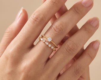 Double Band Ring CZ Statement Ring, Dainty Gold Set CZ Open Ring, Adjustable Double Ring, Elegant Bridal Stacking Gold Open Cuff Ring