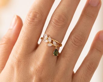 Dainty Gold Adjustable Open Ring, Leaf Branch Band with Marquise CZ Stones & Dangling Teardrop, Stackable Ring, Birthstone Gift for Her