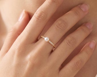 Minimal Tiny Pearl & CZ Open Cuff Ring, CZ Adjustable Ring, Pearl Statement Ring,  Delicate Promise Ring, Simple Gold Ring,Gift for Her