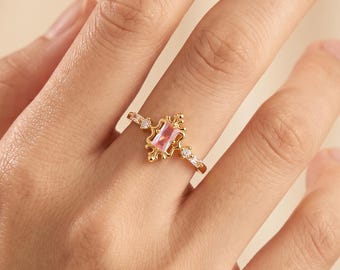 Vintage Pink CZ Rectangle Open Ring, Gold Baguette Cut Statement Ring, Big Pink CZ Jewelry, Adjustable Pink Cushion Ring for Holiday