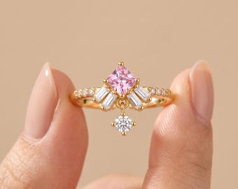 Pink Princess Cut CZ Gold Open Band Ring, Dangling Charm Adjustable Ring, Sparkly Baguette Statement Ring for Women