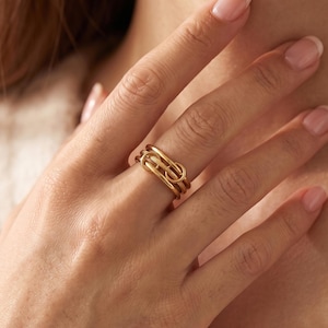 18k Gold Interlocking Ring, Waterproof Chunky Triple Link Ring, Modern Multi Band Ring, Layered Stacking Matte Ring, Trendy Statement Ring